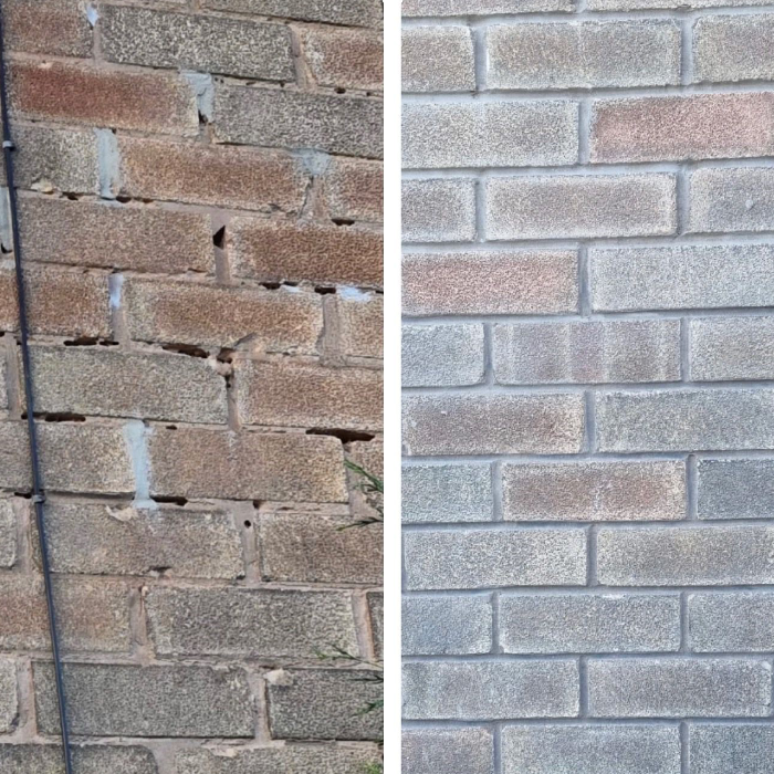 A before and after image  of brickwork that has beenn repointed 