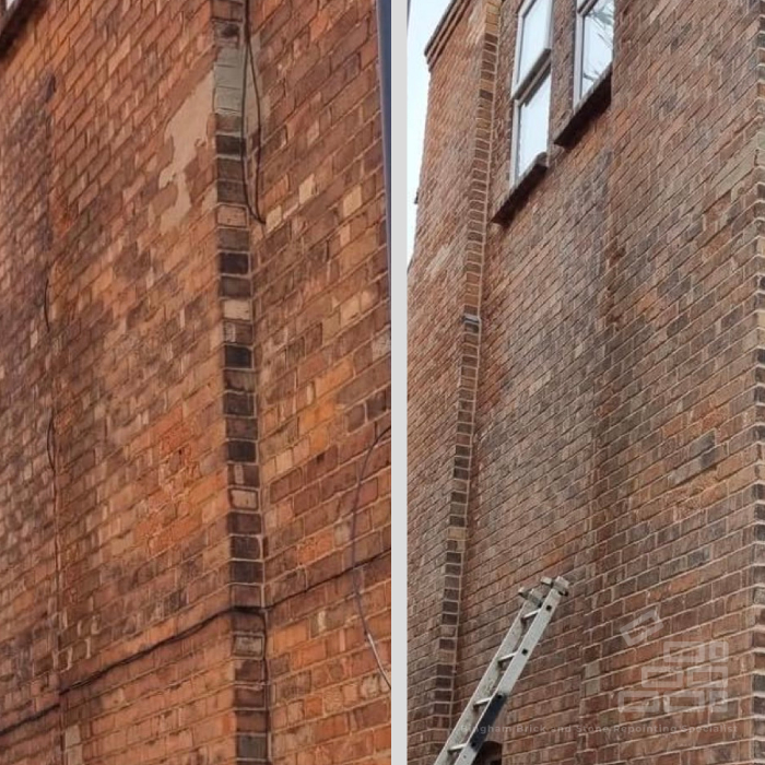 Before and after of brick repointing being carried out 
